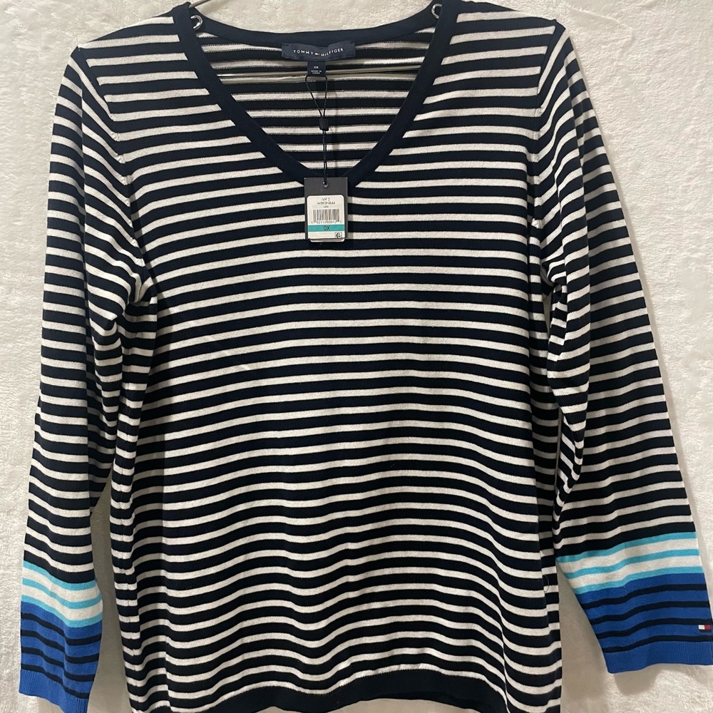 Tommy Hilfiger Black and White Ribbed Long Sleeve Blouse (1)
